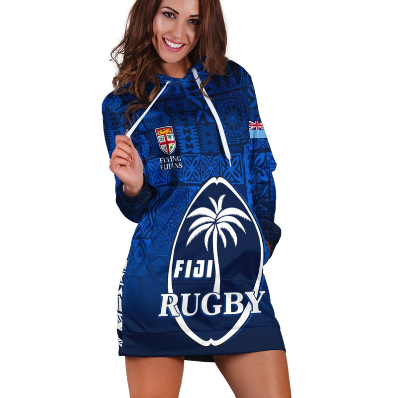 (Custom Text and Number ) Fiji Rugby Hoodie Dress Flying Fijians Blue Tapa Pattern