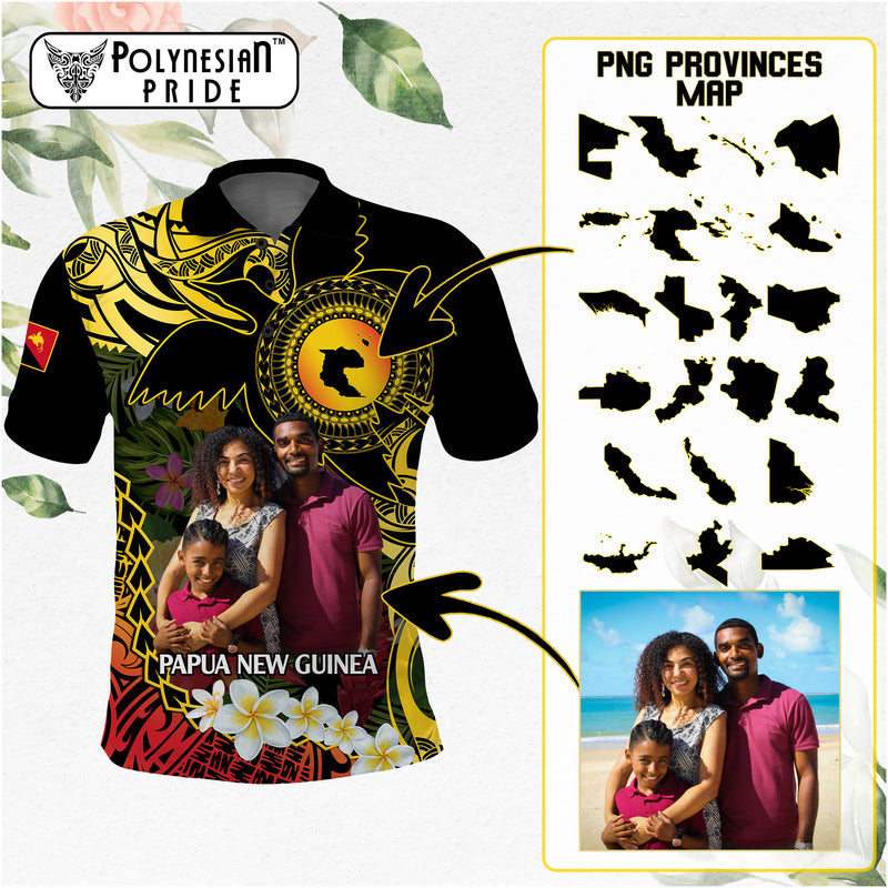 Custom Photo Papua New Guinea Independence Day PNG Provinces Map Tropical Flowers Polo Shirt