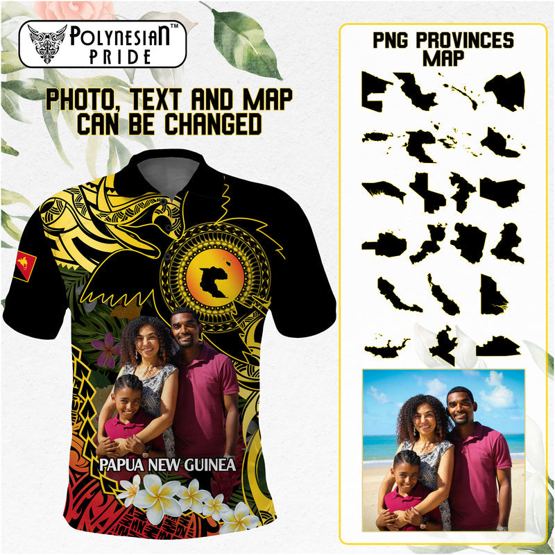 Custom Photo Papua New Guinea Independence Day PNG Provinces Map Tropical Flowers Polo Shirt
