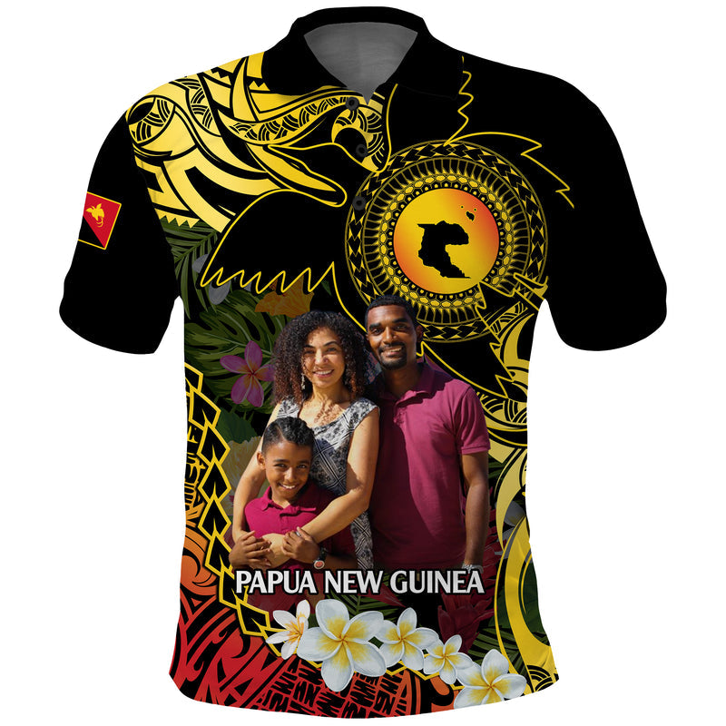 Custom Photo Papua New Guinea Independence Day PNG Provinces Map Tropical Flowers Polo Shirt