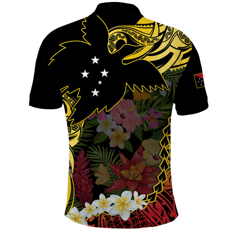 Custom Photo Papua New Guinea Independence Day PNG Provinces Map Tropical Flowers Polo Shirt