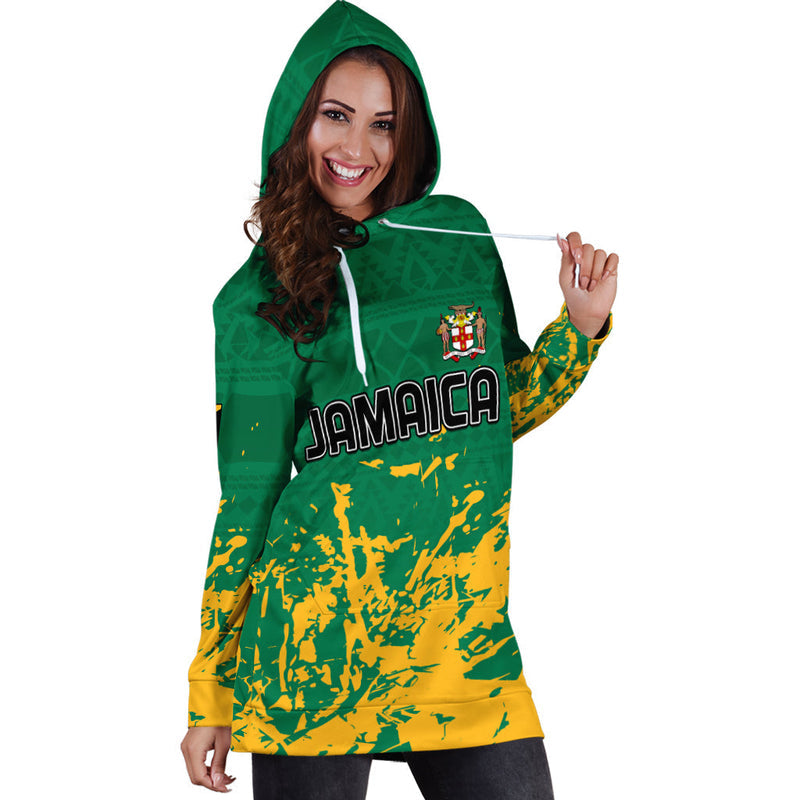 (Custom Text and Number) Jamaica Athletics Hoodie Dress Jamaican Flag With African Pattern Sporty Style