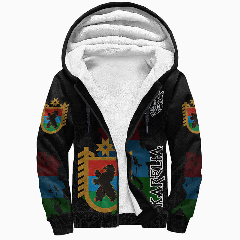 (Custom) Viking - Karelia Flag and Map style Viking Geri and Freki Sherpa Hoodie