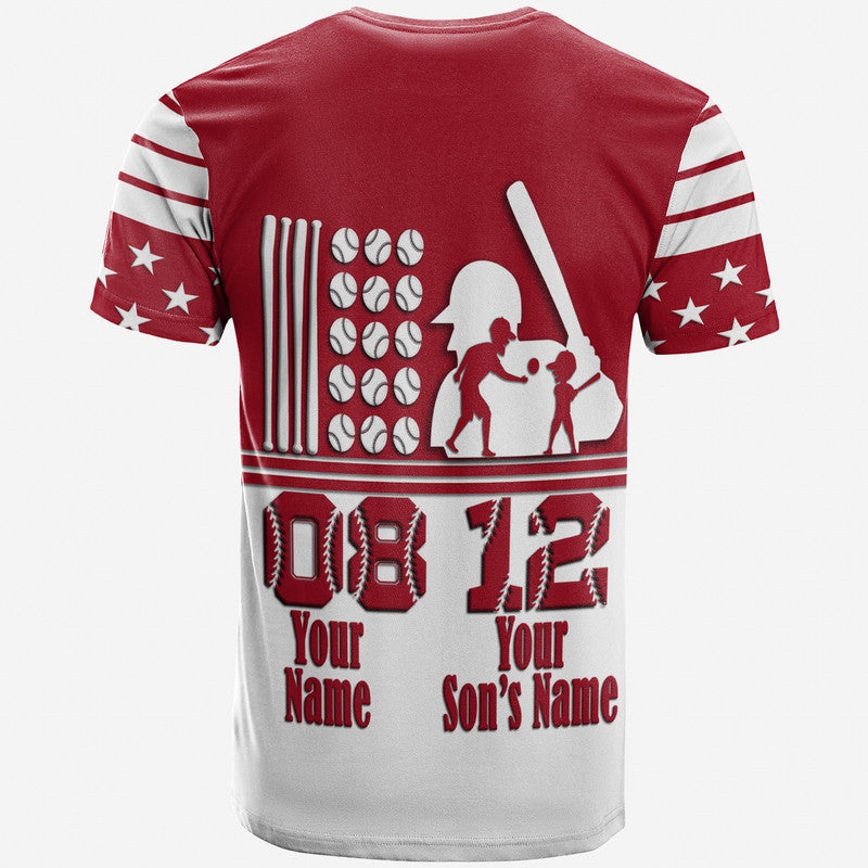 Custom Fathers Day America Dad and Son Baseball Player Red No.1 T Shirt