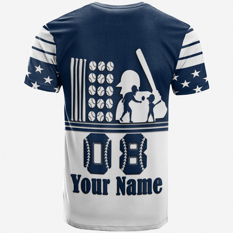 Custom Fathers Day America Dad and Son Baseball Player Blue No.2 T Shirt