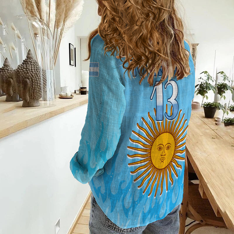 (Custom Text and Number) Argentina Football Vamos Sky Champions World Cup Fire Women Casual Shirt