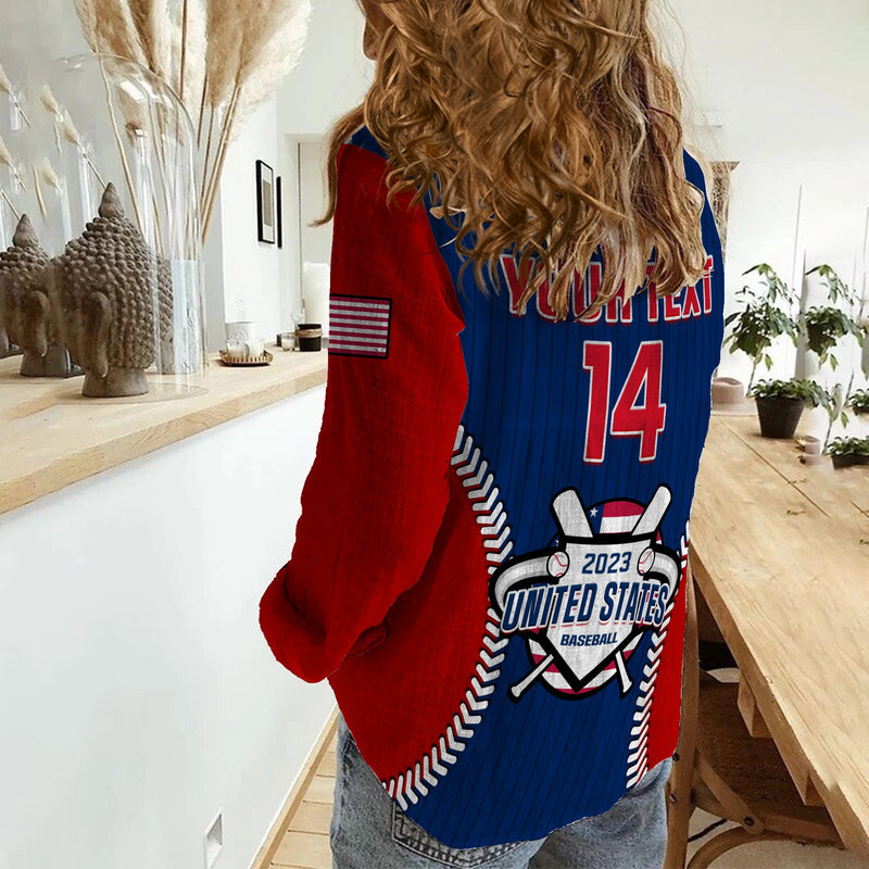 (Custom Text And Number) United States USA Baseball Sporty Style Women Casual Shirt