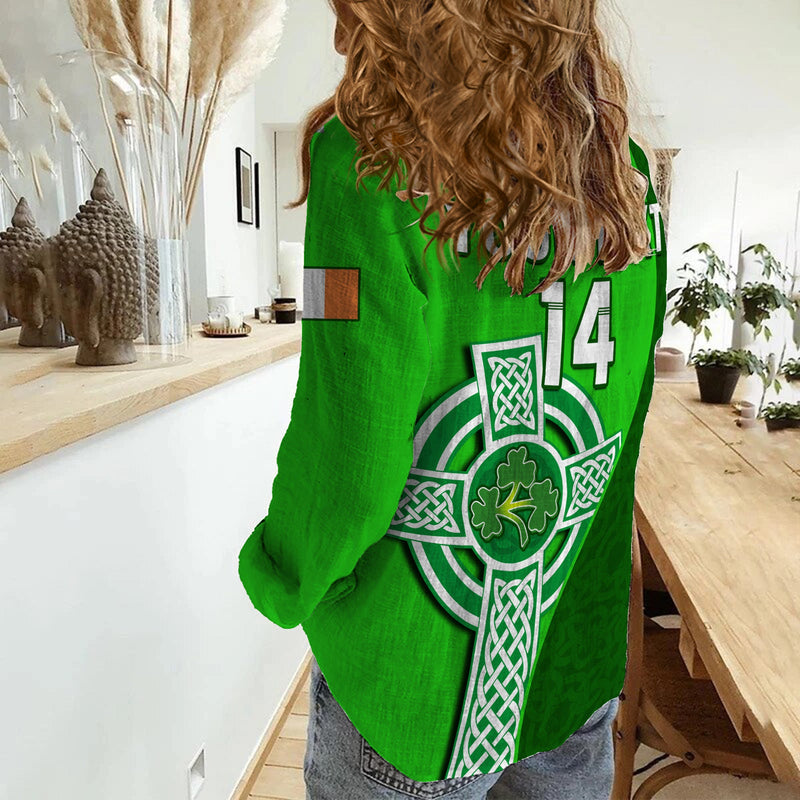 (Custom Text And Number) Ireland Cricket Irish Flag Celtic Cross Sporty Style Women Casual Shirt