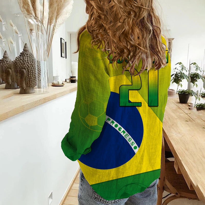 (Custom Personalised) Brasil Football Champions Flag With Soccer Ball Women Casual Shirt