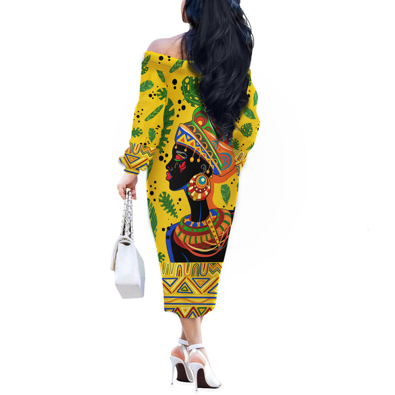 Africa Woman Tropical Style Off The Shoulder Long Sleeve Dress