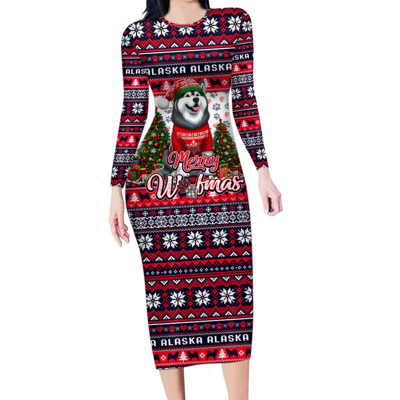 Alaska Merry Woofmas Christmas Dog Art Style Long Sleeve Bodycon Dress