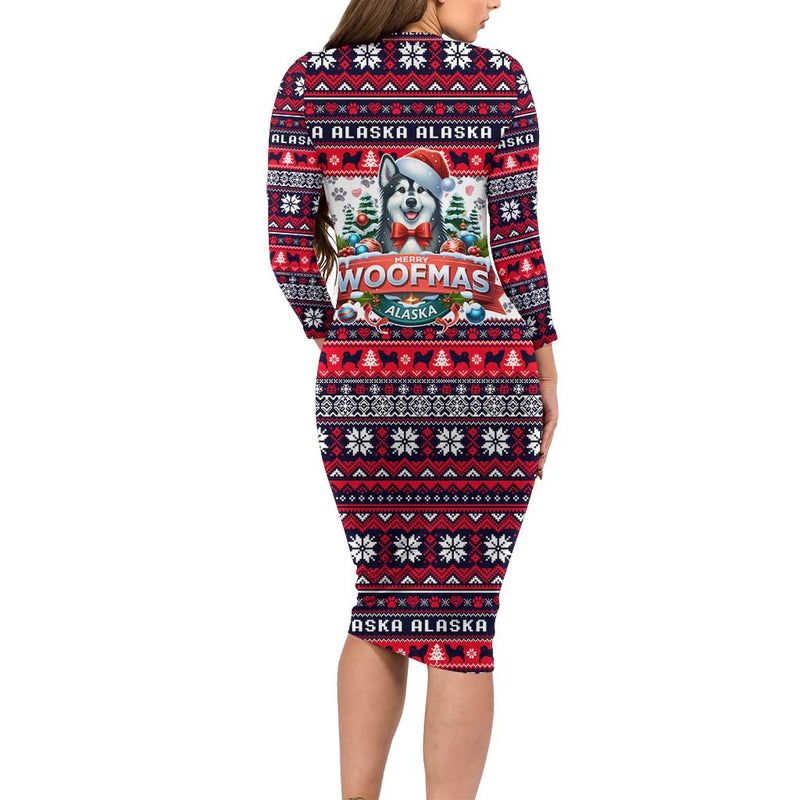 Alaska Merry Woofmas Christmas Dog Art Style Long Sleeve Bodycon Dress