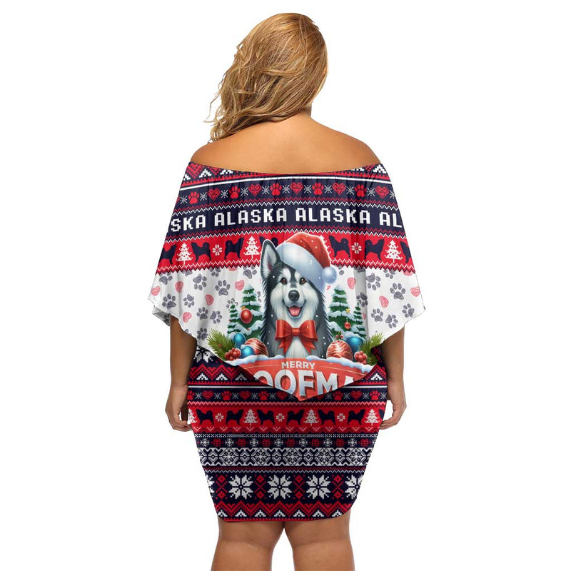 Alaska Merry Woofmas Christmas Dog Art Style Off Shoulder Short Dress