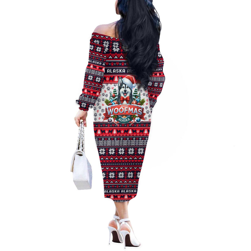 Alaska Merry Woofmas Christmas Dog Art Style Off The Shoulder Long Sleeve Dress