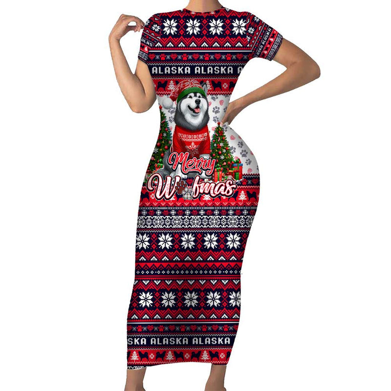 Alaska Merry Woofmas Christmas Dog Art Style Short Sleeve Bodycon Dress