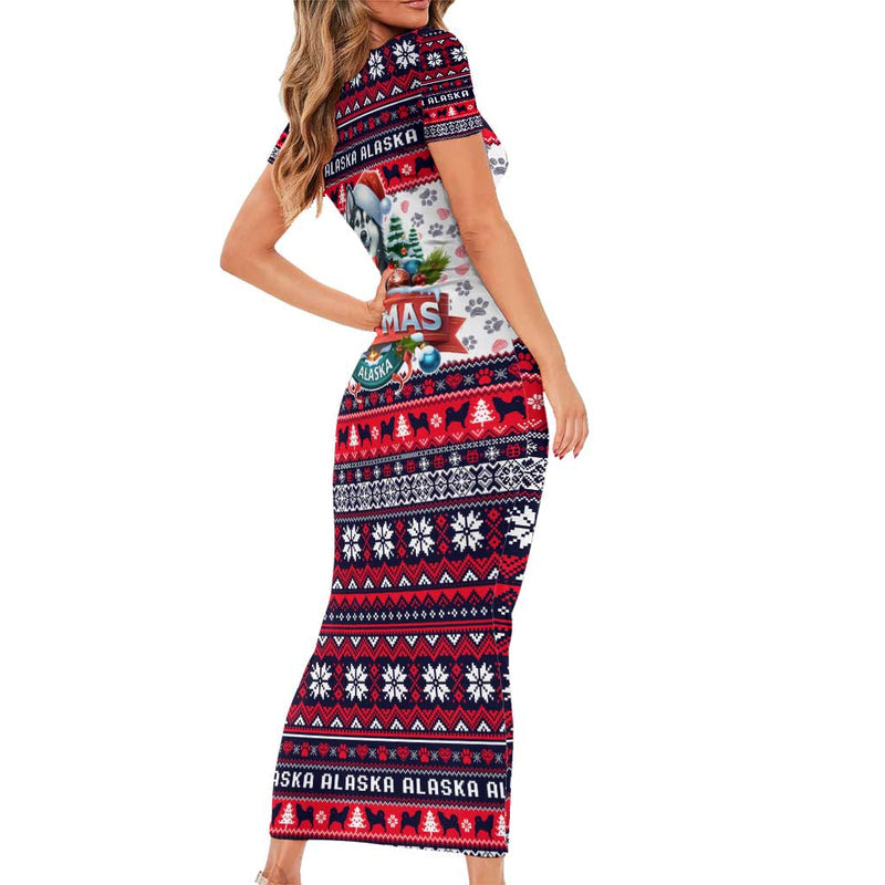 Alaska Merry Woofmas Christmas Dog Art Style Short Sleeve Bodycon Dress