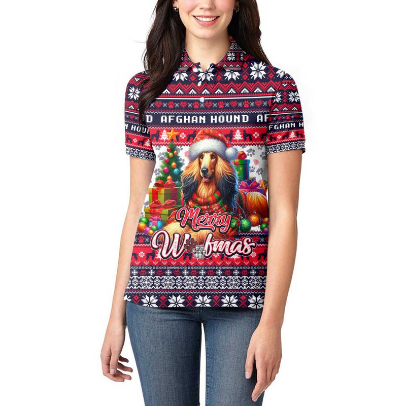 Afghan Hound Merry Woofmas Christmas Dog Art Style Women Polo Shirt