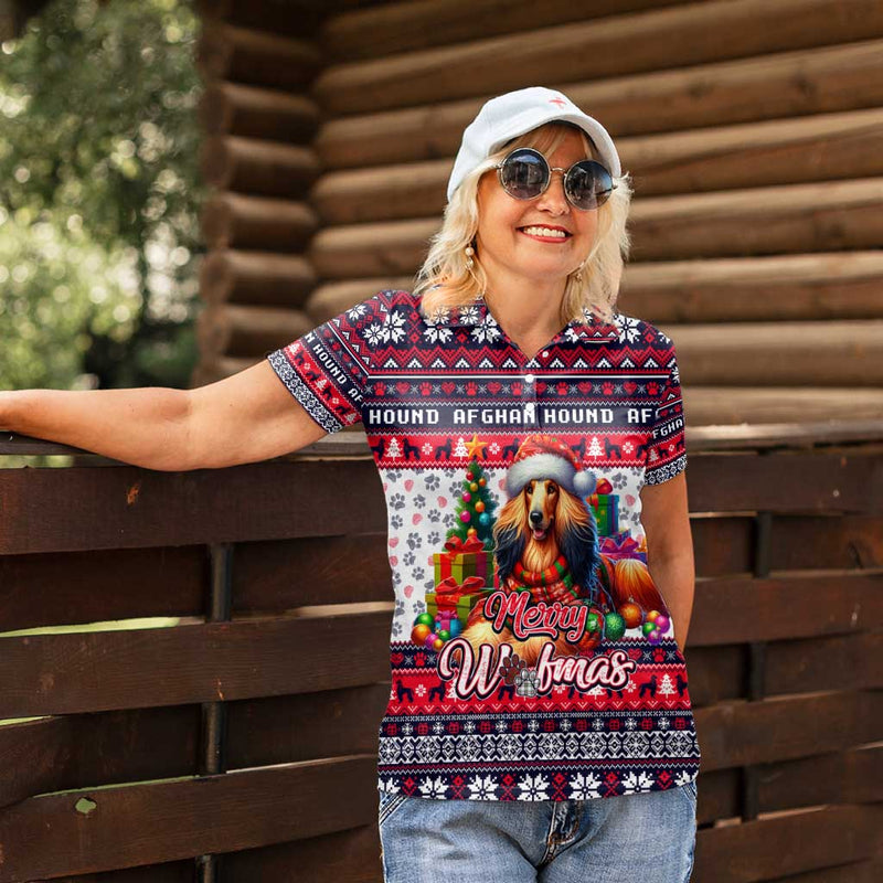 Afghan Hound Merry Woofmas Christmas Dog Art Style Women Polo Shirt