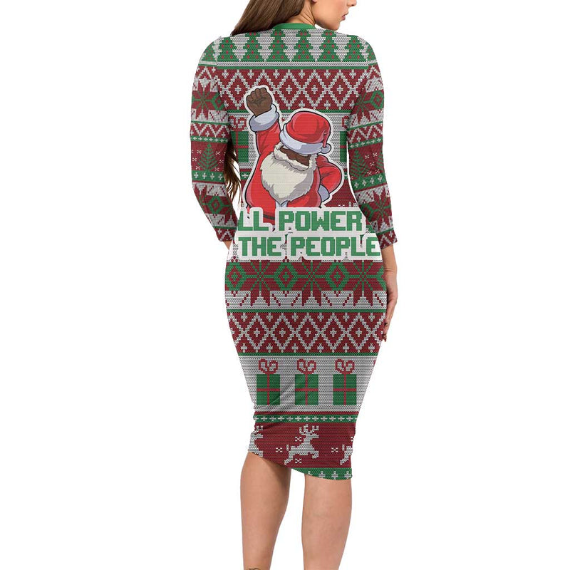 Africa Christmas Black Santa Fist All Power To The People Long Sleeve Bodycon Dress