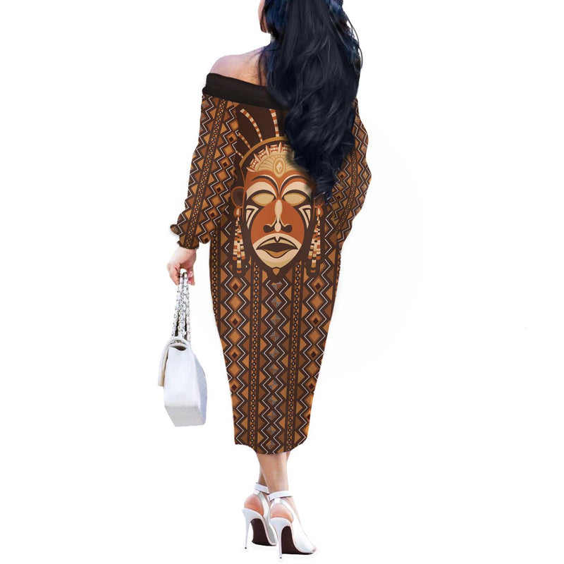 African Mask Printed Mudcloth Off The Shoulder Long Sleeve Dress