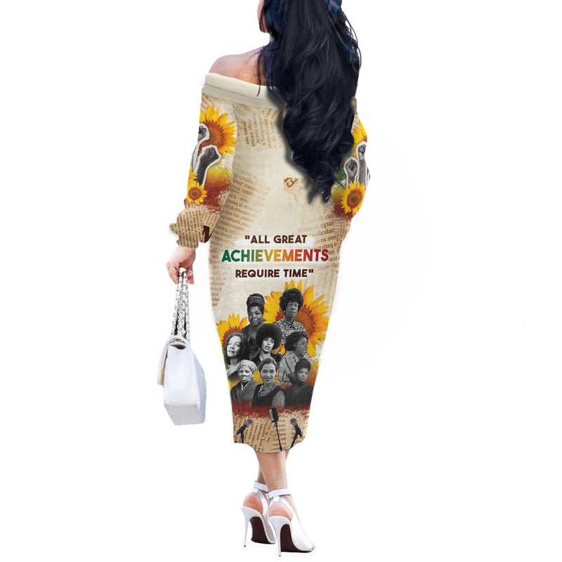 African Civil Rights Female Leaders Sunflower Off The Shoulder Long Sleeve Dress