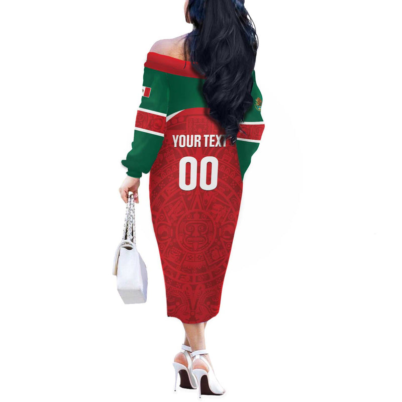 Custom Baseball Mexico Diablos Rojos Red Devils Aztec Pattern Off The Shoulder Long Sleeve Dress