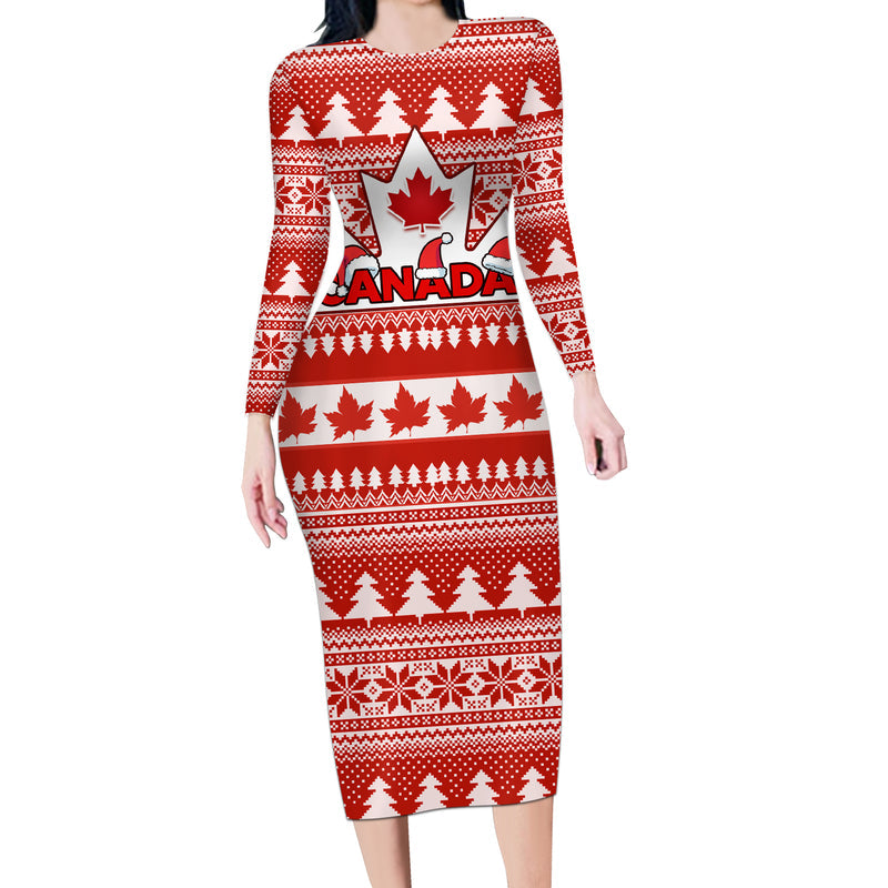 Custom Canada Christmas Maple Leaf Unique Style Long Sleeve Bodycon Dress