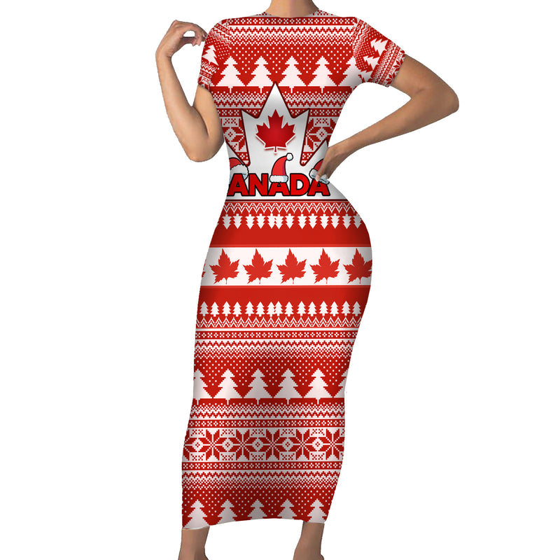 Custom Canada Christmas Maple Leaf Unique Style Short Sleeve Bodycon Dress