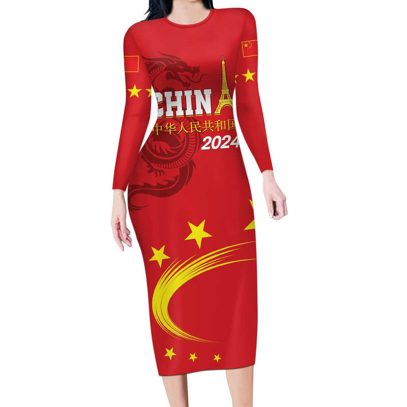 Custom China 2024 Chinese Dragon Yellow Star Long Sleeve Bodycon Dress