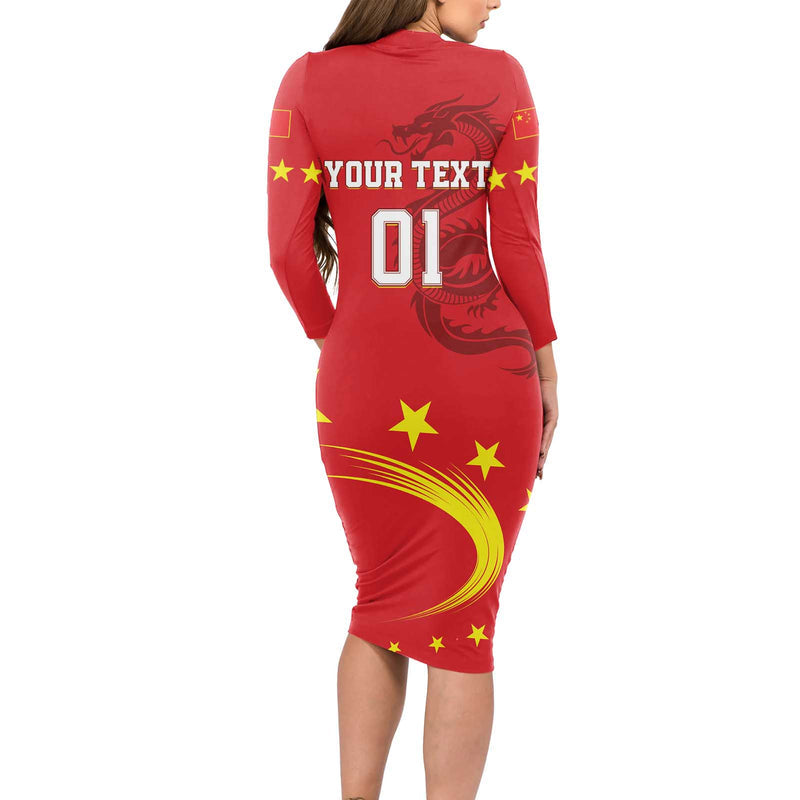 Custom China 2024 Chinese Dragon Yellow Star Long Sleeve Bodycon Dress