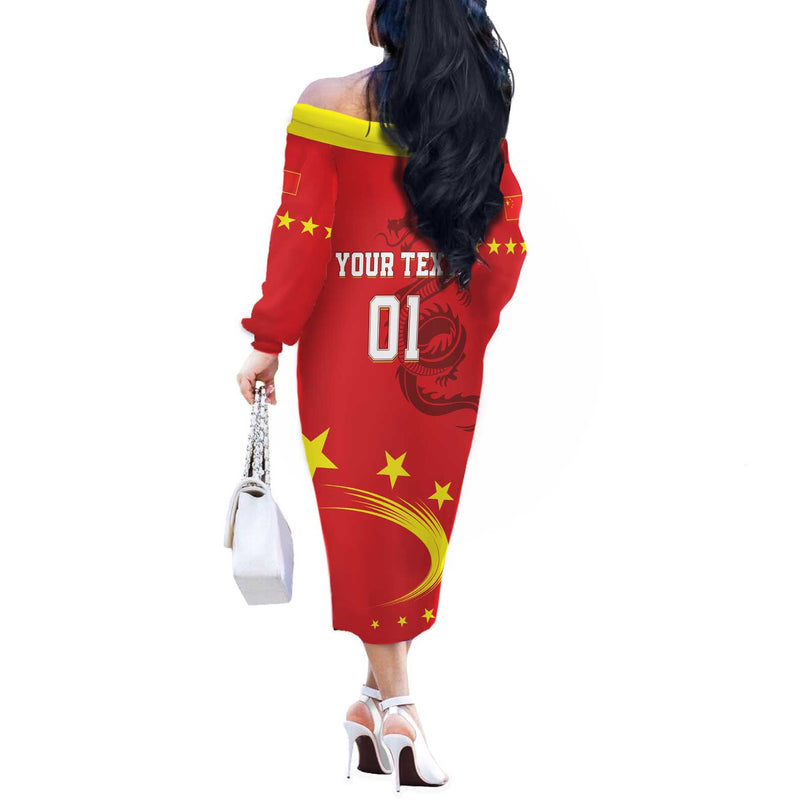 Custom China 2024 Chinese Dragon Yellow Star Off The Shoulder Long Sleeve Dress