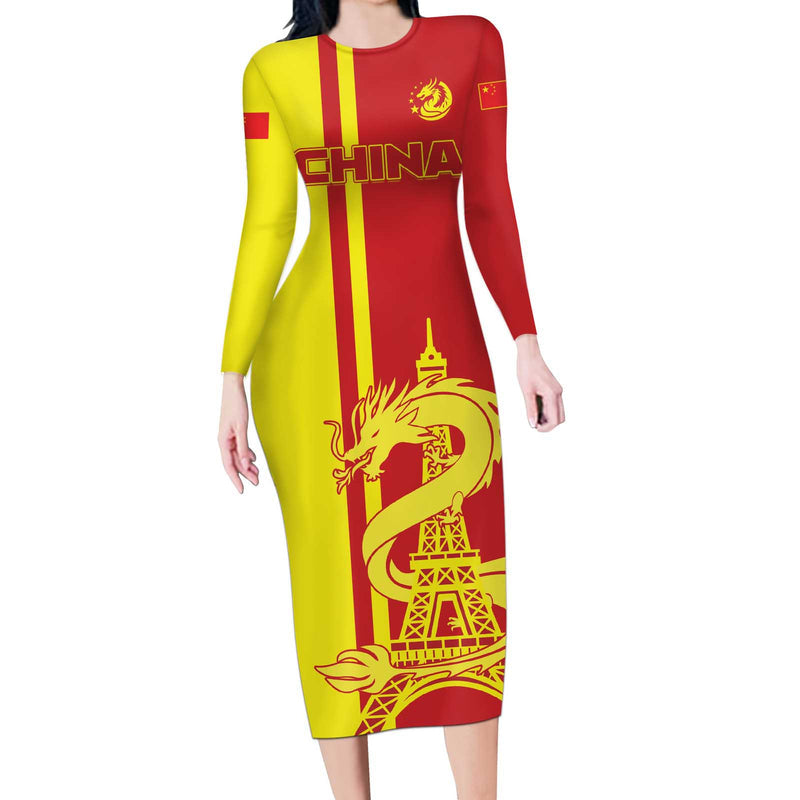 Custom China Chinese Dragon With Eiffel Tower Long Sleeve Bodycon Dress