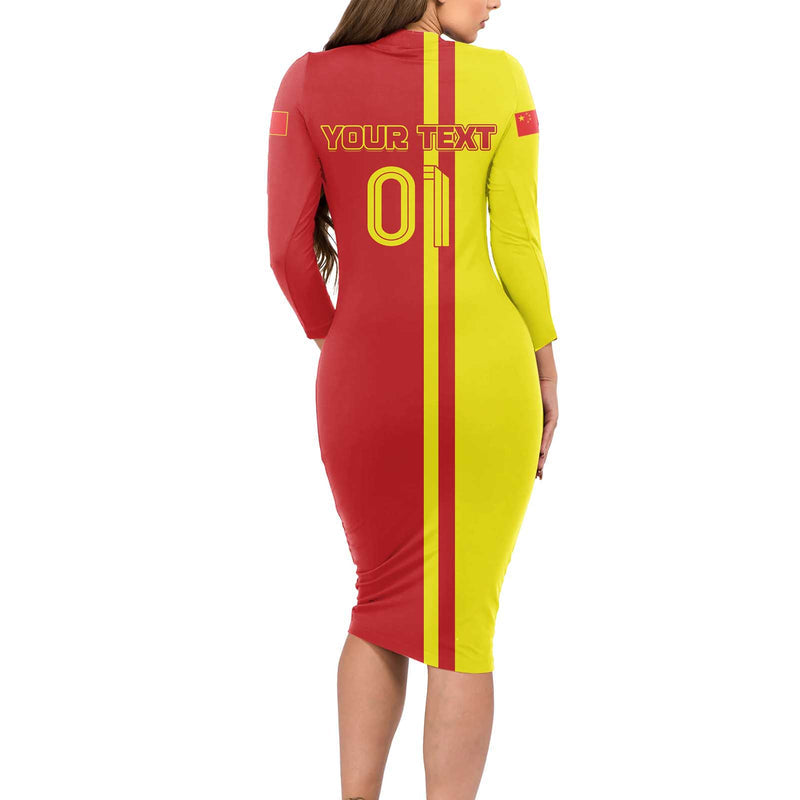 Custom China Chinese Dragon With Eiffel Tower Long Sleeve Bodycon Dress