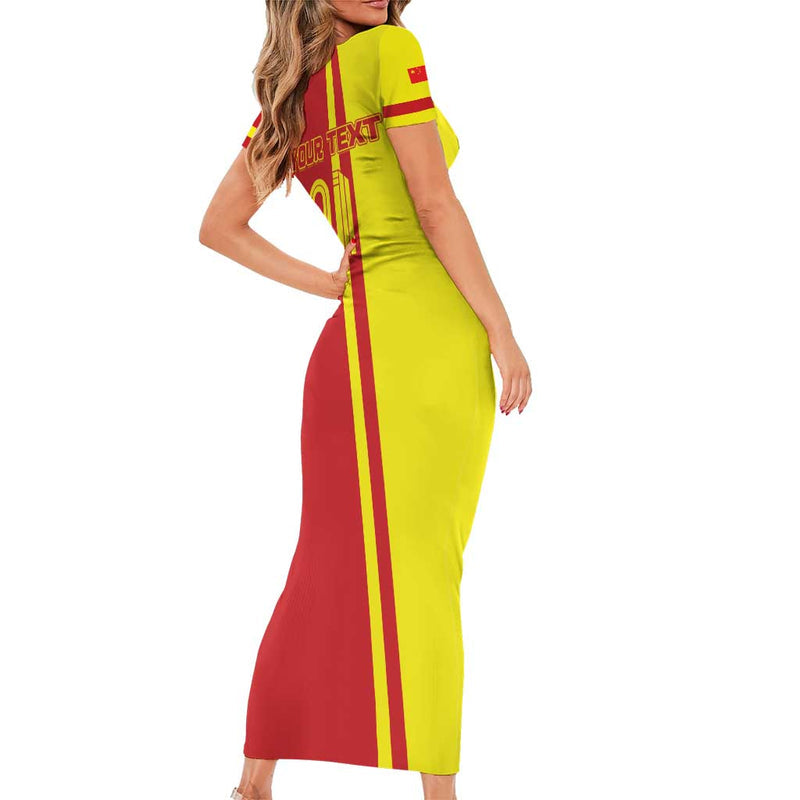 Custom China Chinese Dragon With Eiffel Tower Short Sleeve Bodycon Dress