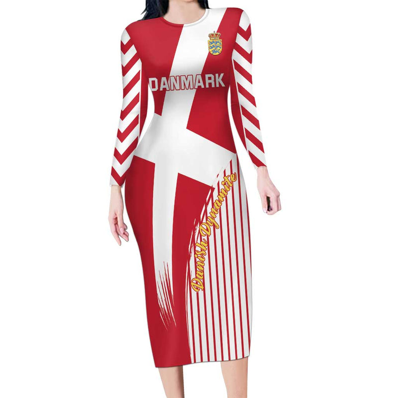 Custom Danmark 2024 Football We Are Red We Are White We Are Danish Dynamite Long Sleeve Bodycon Dress