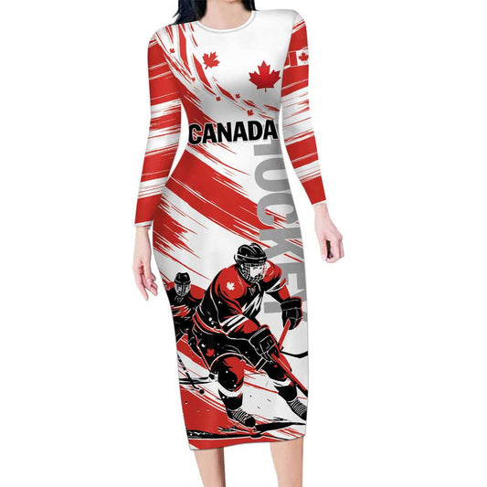 Custom Canada Hockey Canada Owns Hockey Long Sleeve Bodycon Dress