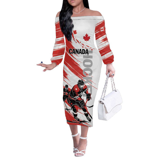Custom Canada Hockey Canada Owns Hockey Off The Shoulder Long Sleeve Dress