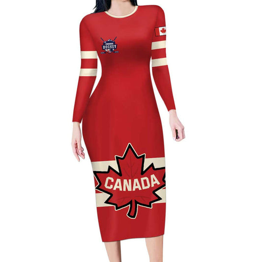 Custom Canada Hockey Canada Team Go Champions Long Sleeve Bodycon Dress