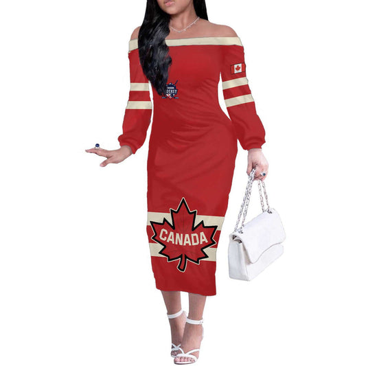 Custom Canada Hockey Canada Team Go Champions Off The Shoulder Long Sleeve Dress