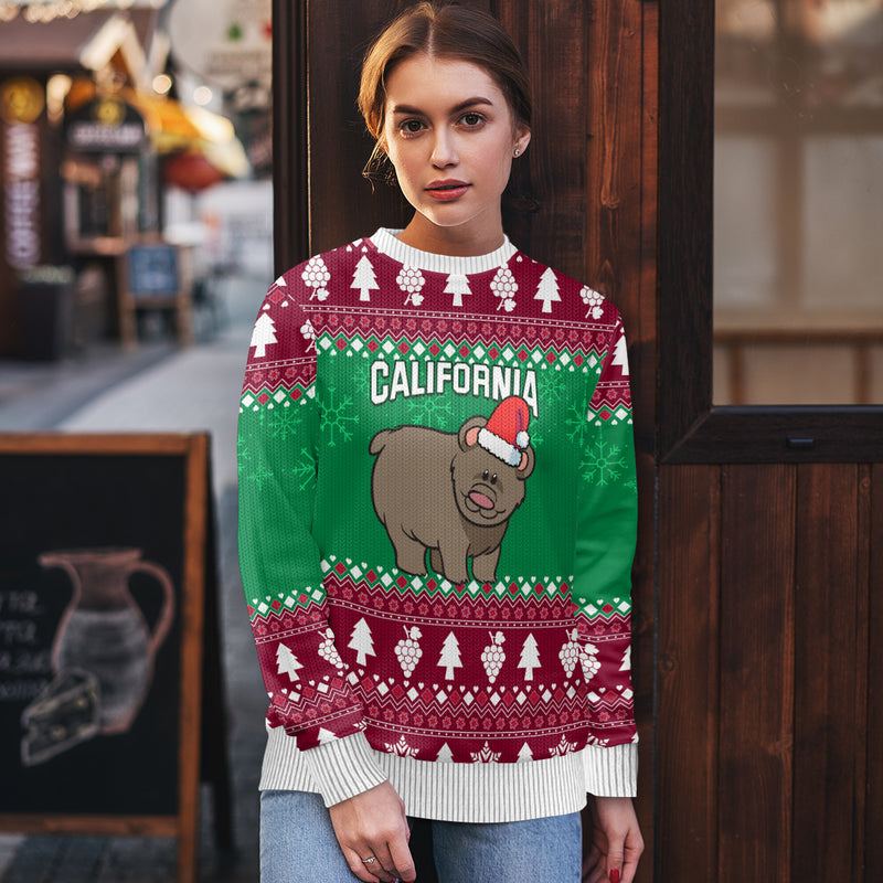 Custom California Christmas Santa Grizzly Bear With Grape Ugly Christmas Sweater