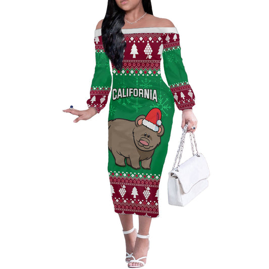 Custom California Christmas Santa Grizzly Bear With Grape Off The Shoulder Long Sleeve Dress