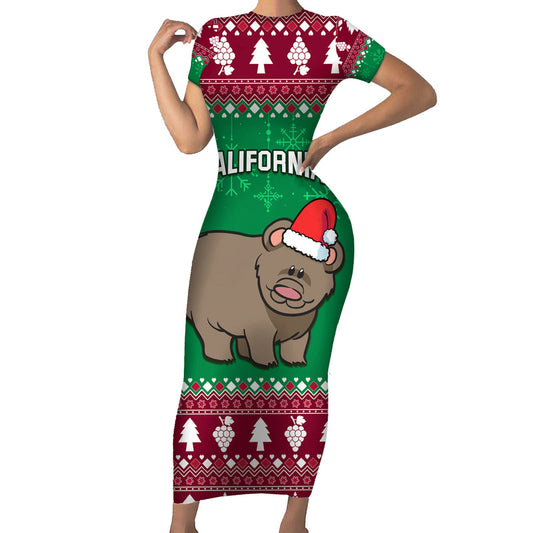 Custom California Christmas Santa Grizzly Bear With Grape Short Sleeve Bodycon Dress