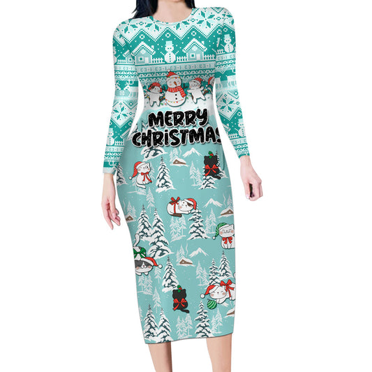 Custom Cat Christmas Cat With Snowman In Winter Scene Long Sleeve Bodycon Dress
