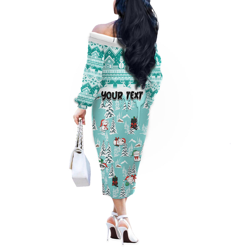 Custom Cat Christmas Cat With Snowman In Winter Scene Off The Shoulder Long Sleeve Dress