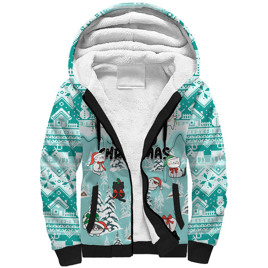 Custom Cat Christmas Cat With Snowman In Winter Scene Sherpa Hoodie