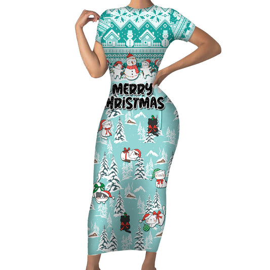 Custom Cat Christmas Cat With Snowman In Winter Scene Short Sleeve Bodycon Dress