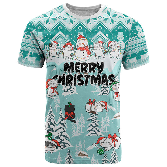 Custom Cat Christmas Cat With Snowman In Winter Scene T Shirt