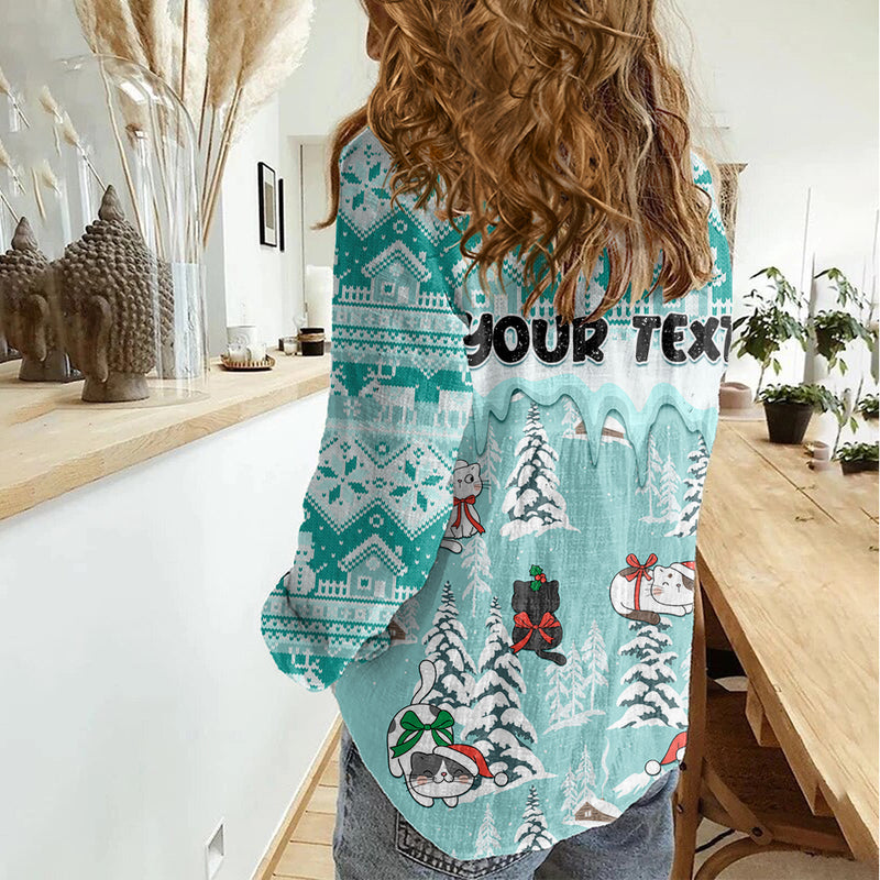 Custom Cat Christmas Cat With Snowman In Winter Scene Women Casual Shirt