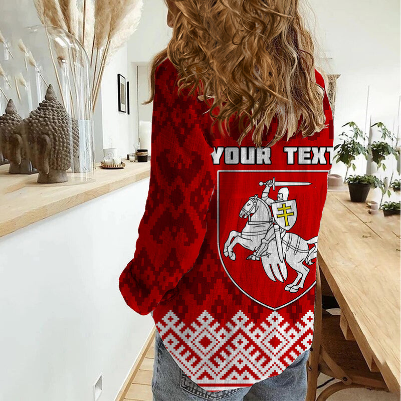 Custom Belarus 1991 Belarusian Coat Of Arms Mix Folk Pattern Women Casual Shirt