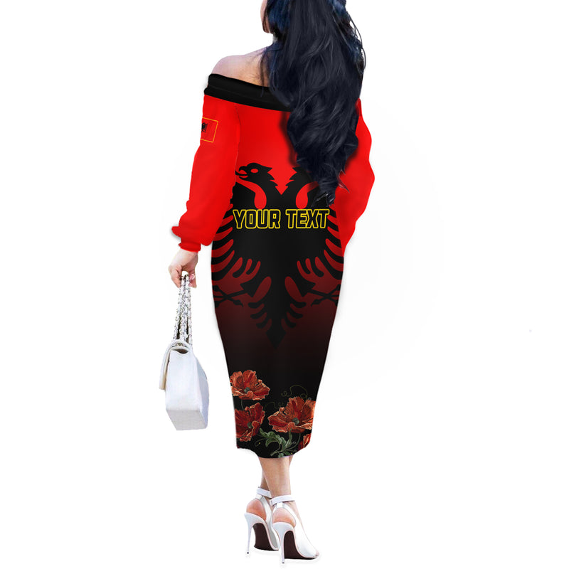 Albania Independence Day Albanian Coat Of Arms With Red Poppy Flower Off The Shoulder Long Sleeve Dress